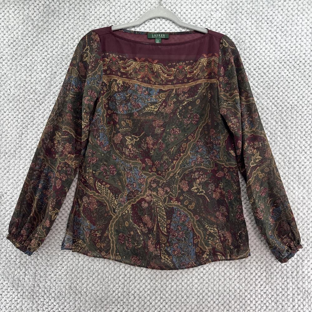 Lauren Ralph Lauren Top XS Burgundy Green Floral Sheer Ballon Sleeve Boat Neck
